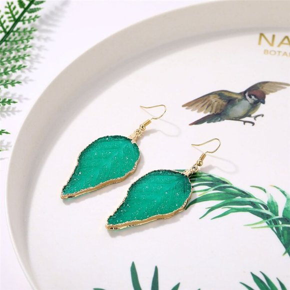 Druzy Green Gold Leaf Plant Earrings Jewelry - Picture 4 of 6